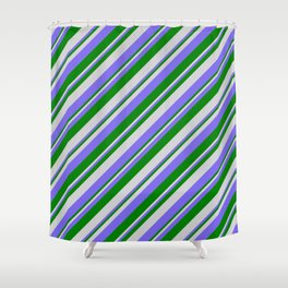 [ Thumbnail: Light Gray, Medium Slate Blue & Green Colored Lines/Stripes Pattern Shower Curtain ]