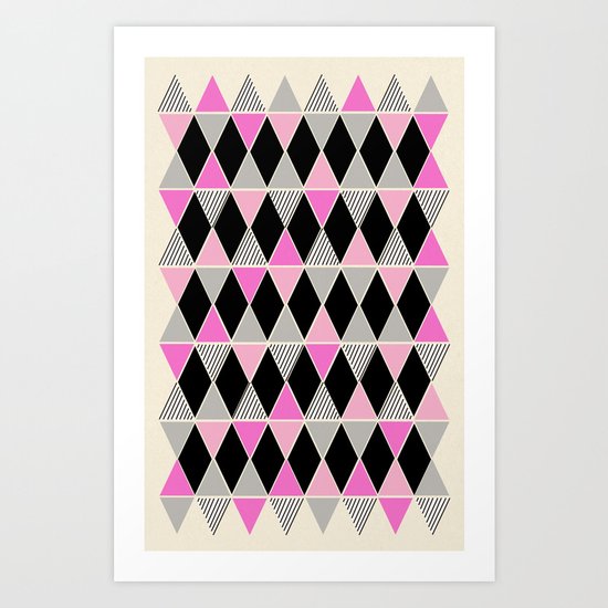 Triangles and lines (pink & grey) Art Print