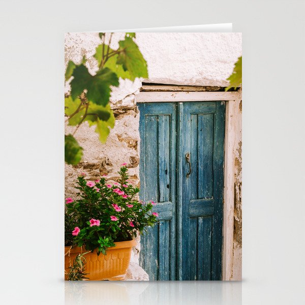 Greek Holiday Scene - Blue Door with Pink Flowers - Still Live Travel Photography, Colorful Fine Art Stationery Cards