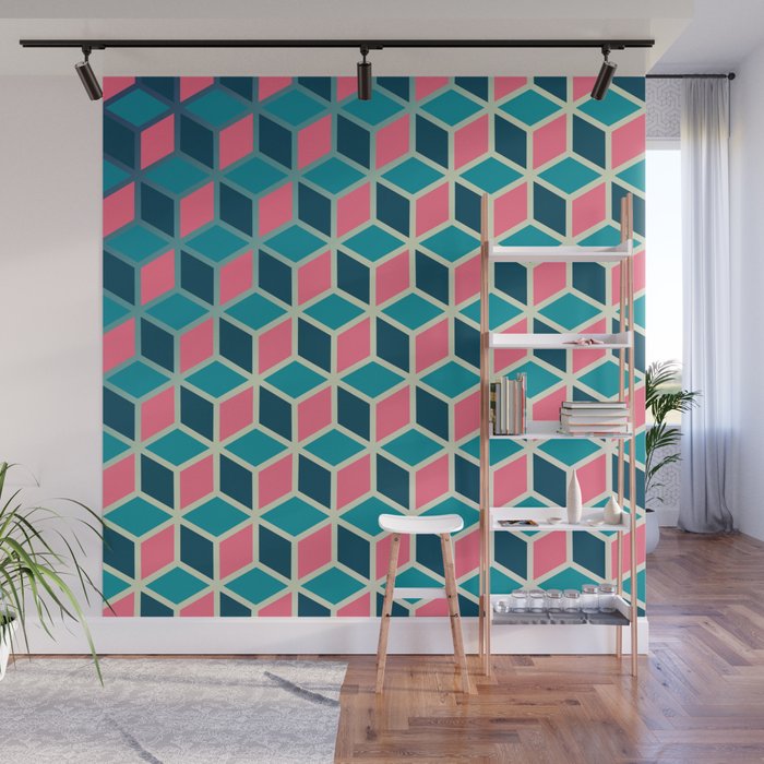 Blue and Pink Isometric Cubes Wall Mural