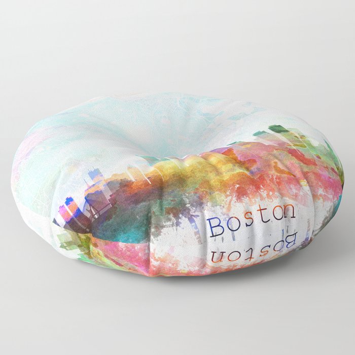 Boston Skyline & Map Watercolor, Print by Zouzounio Art Floor Pillow