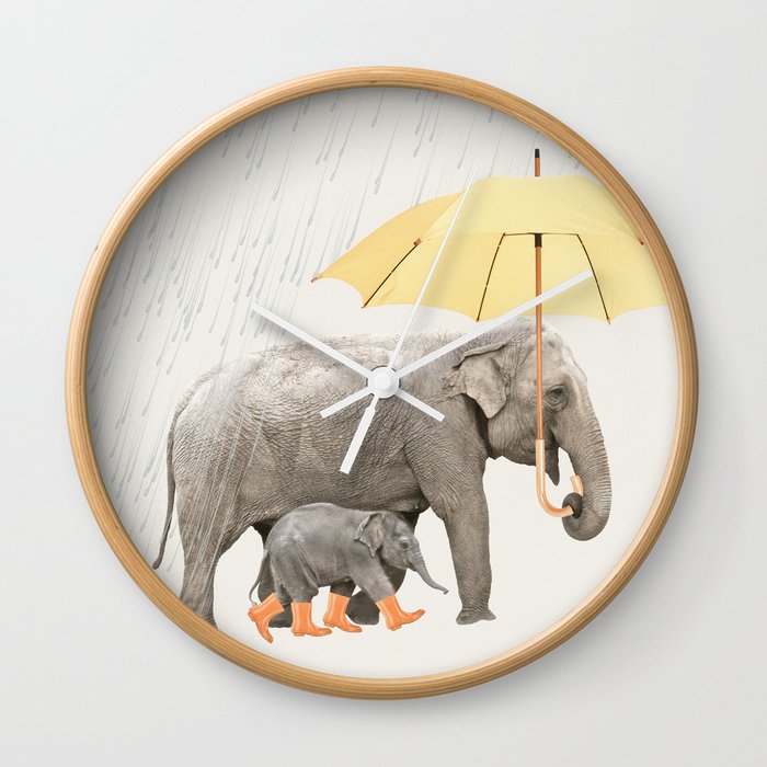 Elephant family mother and baby with yellow umbrella Wall Clock
