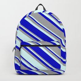 [ Thumbnail: Blue, Dark Grey & Light Cyan Colored Pattern of Stripes Backpack ]