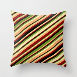 [ Thumbnail: Colorful Green, Pale Goldenrod, Brown, Dark Red & Black Colored Stripes Pattern Throw Pillow ]