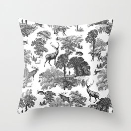 Elegant Vintage Black White Deer Fox Hare Country Toile  Throw Pillow