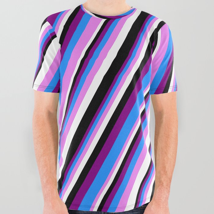 Purple, Blue, Violet, White & Black Colored Stripes Pattern All Over Graphic Tee