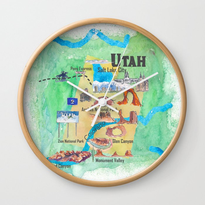 Usa Utah State Travel Poster Illustrated Art Map Wall Clock By Artshop77 Society6