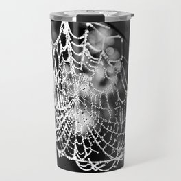 Spider's web with morning dew nature portrait black and white photograph - photography - photographs Travel Mug