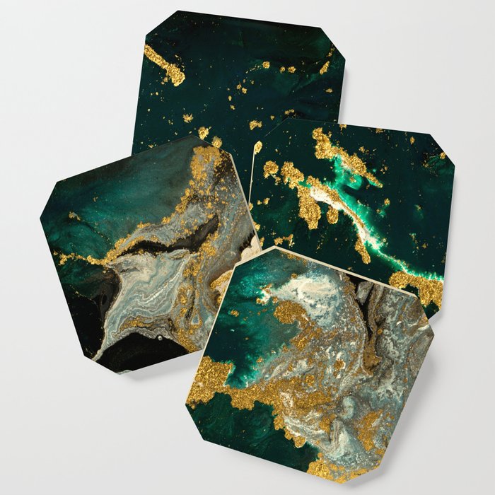 Abstract Pour Painting Liquid Marble Abstract Dark Green Painting Gold Accent Agate Stone Layers Coaster