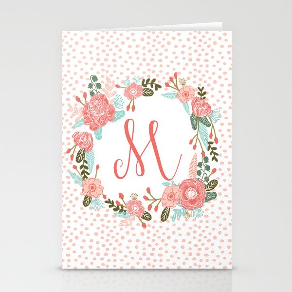 Monogram M - cute girls coral florals flower wreath, coral florals, baby girl, baby blanket Stationery Cards