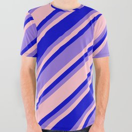 [ Thumbnail: Pink, Blue, and Purple Colored Pattern of Stripes All Over Graphic Tee ]