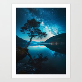 Tree in the starry lake  Art Print