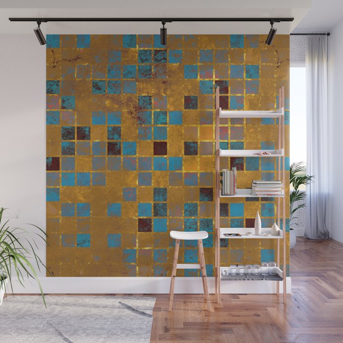 Gold and Turquoise Textured Squares Wall Mural