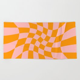Wavy Check - Orange And Pink - Checkerboard Pattern Print Beach Towel
