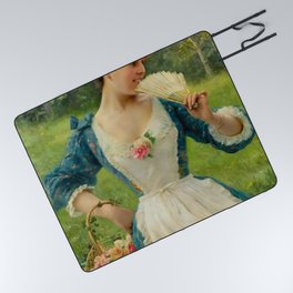 (Reserved)Young woman with a basket of roses Victorian era still life portrait painting by F. Andreotti for bedroom, wall, and home decor Picnic Blanket