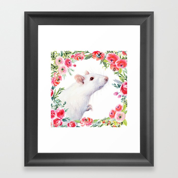 White Rat with Flowers Watercolor Floral Pattern Animal Framed Art Print