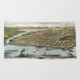 Hudson-Wisconsin-1870 vintage pictorial map Beach Towel