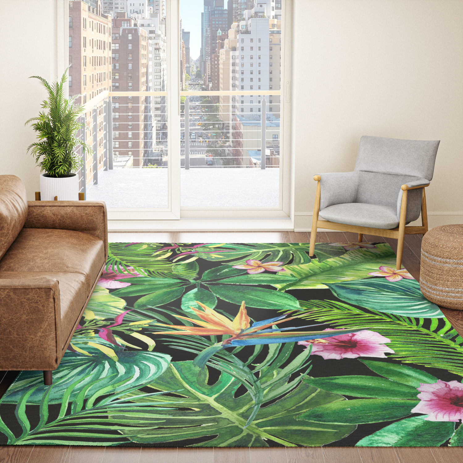 Exotic Watercolor Green Palm Leaves Area Rugs Soft Bedroom Living Room Floor Mat 