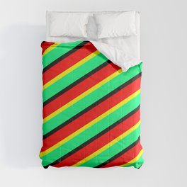 [ Thumbnail: Yellow, Green, Black & Red Colored Pattern of Stripes Comforter ]