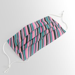 [ Thumbnail: Light Slate Gray, Dark Cyan, Hot Pink, Light Pink, and Black Colored Striped/Lined Pattern Face Mask ]