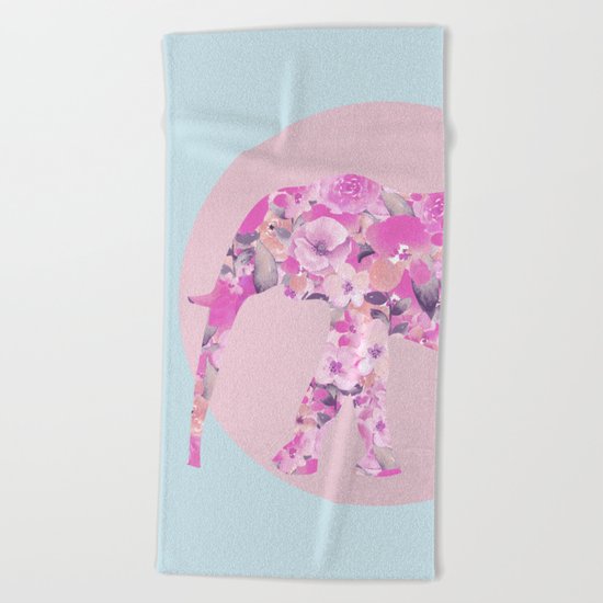 Floral Elephant and circle pastel blue pink colors Beach Towel
