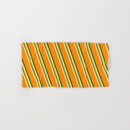 [ Thumbnail: Pale Goldenrod, Dark Orange, and Dark Green Colored Lined Pattern Hand & Bath Towel ]