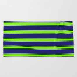 [ Thumbnail: Midnight Blue and Green Colored Lines Pattern Beach Towel ]
