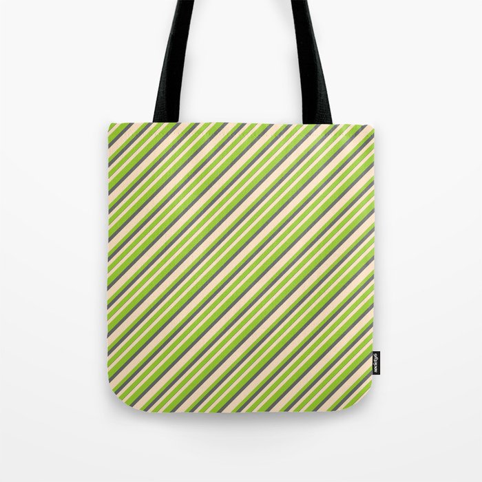 Bisque, Green & Dim Gray Colored Pattern of Stripes Tote Bag