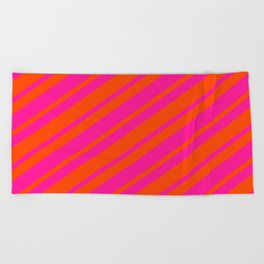 [ Thumbnail: Red and Deep Pink Colored Lined Pattern Beach Towel ]