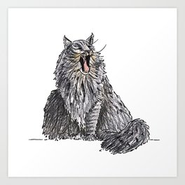 Long Haired Yawning Cat Illustration Art Print