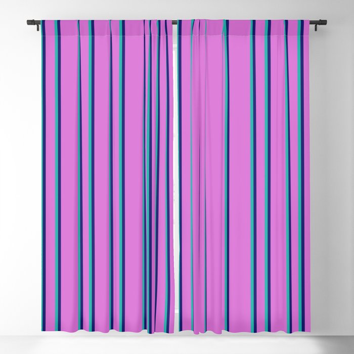 Orchid, Midnight Blue, and Light Sea Green Colored Striped Pattern Blackout Curtain