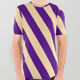 [ Thumbnail: Indigo & Tan Colored Stripes Pattern All Over Graphic Tee ]