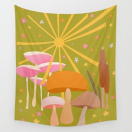 Sunny Mushrooms - green pink yellow orange Wall Tapestry