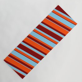 [ Thumbnail: Sky Blue, Red, and Maroon Colored Pattern of Stripes Yoga Mat ]