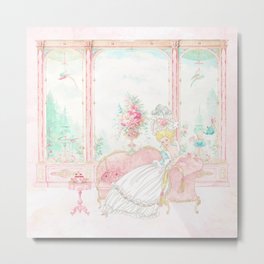 Marie Antoinette, Conservatory High Tea Metal Print | Digital, Rococo, Teaandcake, Garden, Pinksofa, Flowers, Birds, Romantic, Vintage, French 