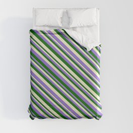 [ Thumbnail: Purple, Dark Green, and Light Yellow Colored Stripes Pattern Duvet Cover ]