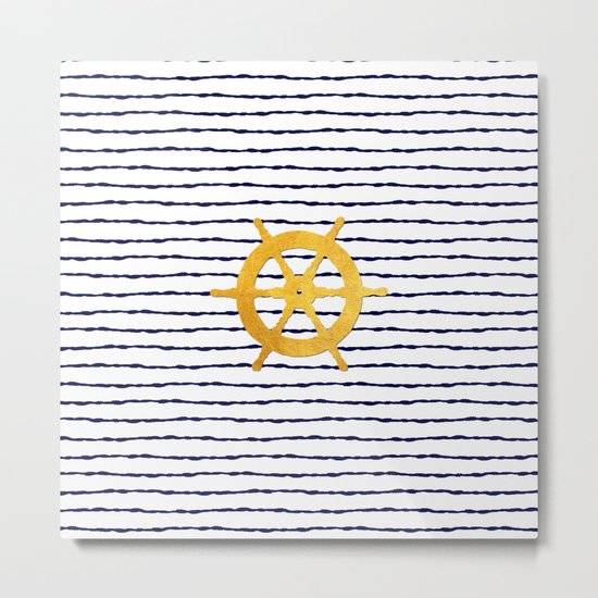 Marine pattern- Navy blue white striped with golden wheel Metal Print