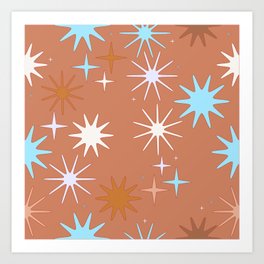 Retro Vintage 50s Sparkle Star Brown Blue Pink Pattern Art Print