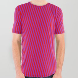 [ Thumbnail: Dark Orchid and Red Colored Striped Pattern All Over Graphic Tee ]