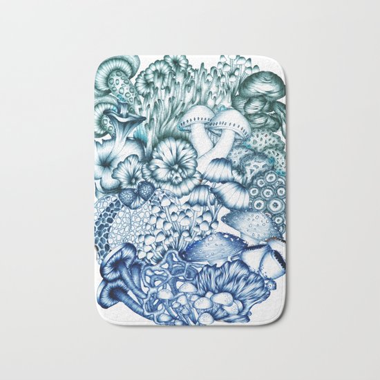 A Medley of Mushrooms in Blue Bath Mat