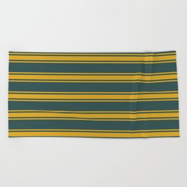 [ Thumbnail: Dark Slate Gray & Goldenrod Colored Pattern of Stripes Beach Towel ]