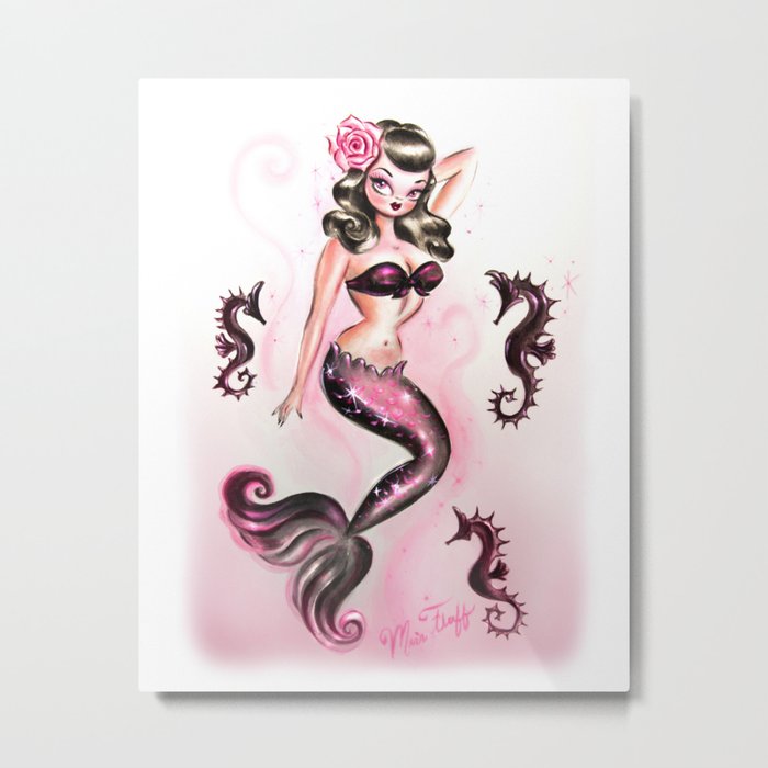 Pinup Mermaid with Rose Metal Print