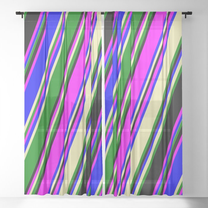 Eye-catching Fuchsia, Blue, Pale Goldenrod, Green, and Black Colored Pattern of Stripes Sheer Curtain