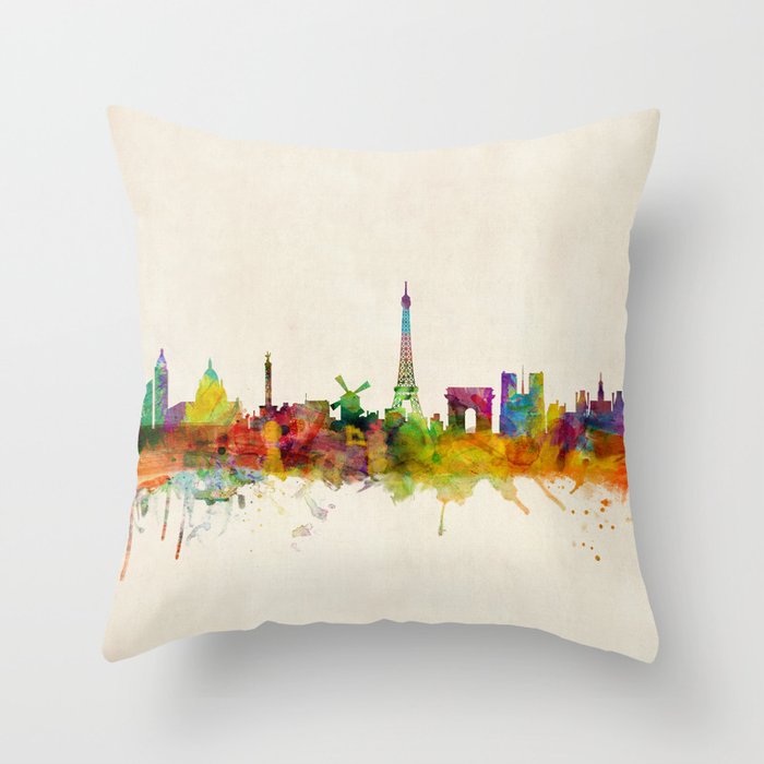 Paris Skyline Watercolor Throw Pillow