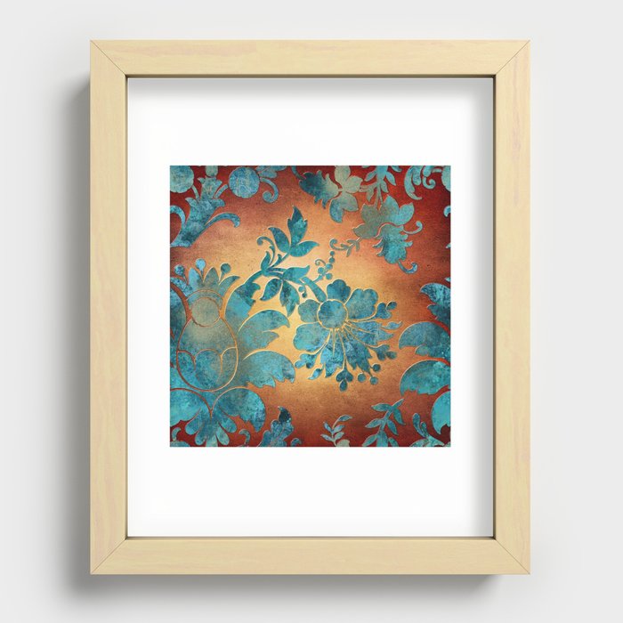 Teal and Rust, Flourish, Damask, Blue, Copper, Floral Recessed Framed Print