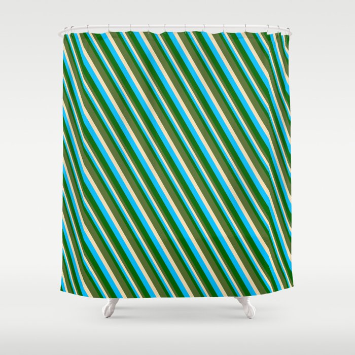 Deep Sky Blue, Dark Green, Dark Olive Green & Tan Colored Pattern of Stripes Shower Curtain