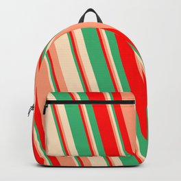 [ Thumbnail: Red, Sea Green, Bisque & Light Salmon Colored Lines/Stripes Pattern Backpack ]