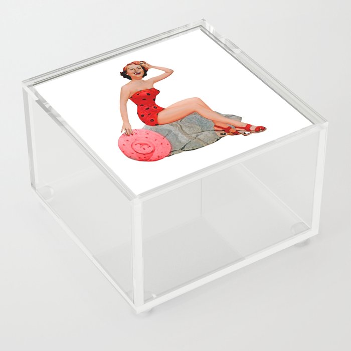 Sexy Brunette Pinup Girl in Red Skirt On The Rock Acrylic Box