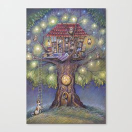 Cozy Treehouse Canvas Print | Summer, Magic, Drawing, Friends, Treehouse, Dog, Tree, Light, House, Digital 