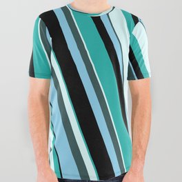 [ Thumbnail: Light Sea Green, Light Cyan, Dark Slate Gray, Sky Blue, and Black Colored Striped/Lined Pattern All Over Graphic Tee ]